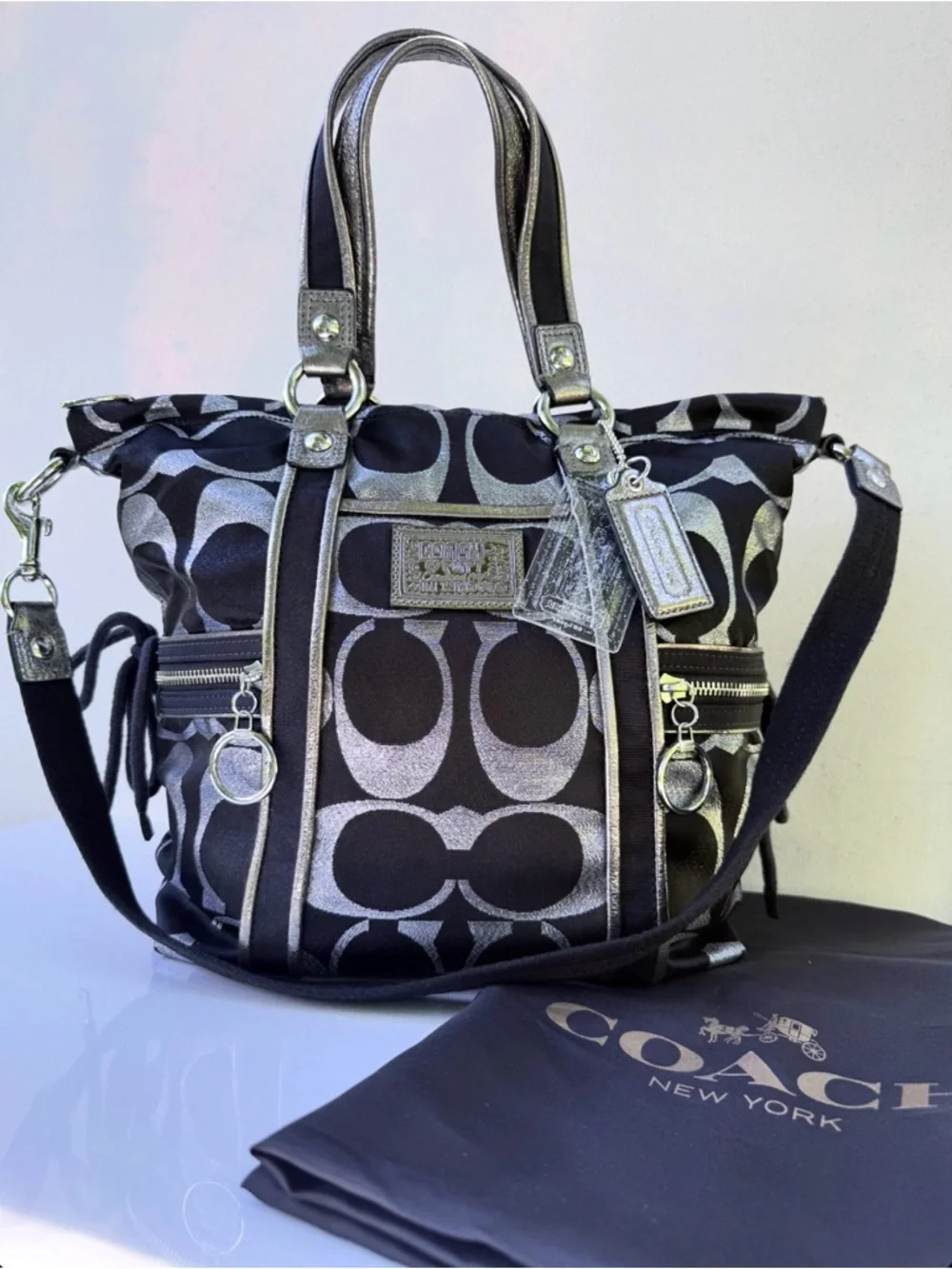 Coach Poppy Metallic Signature Satchel — Glitter Tag + Silver Hangtag + Dust Bag